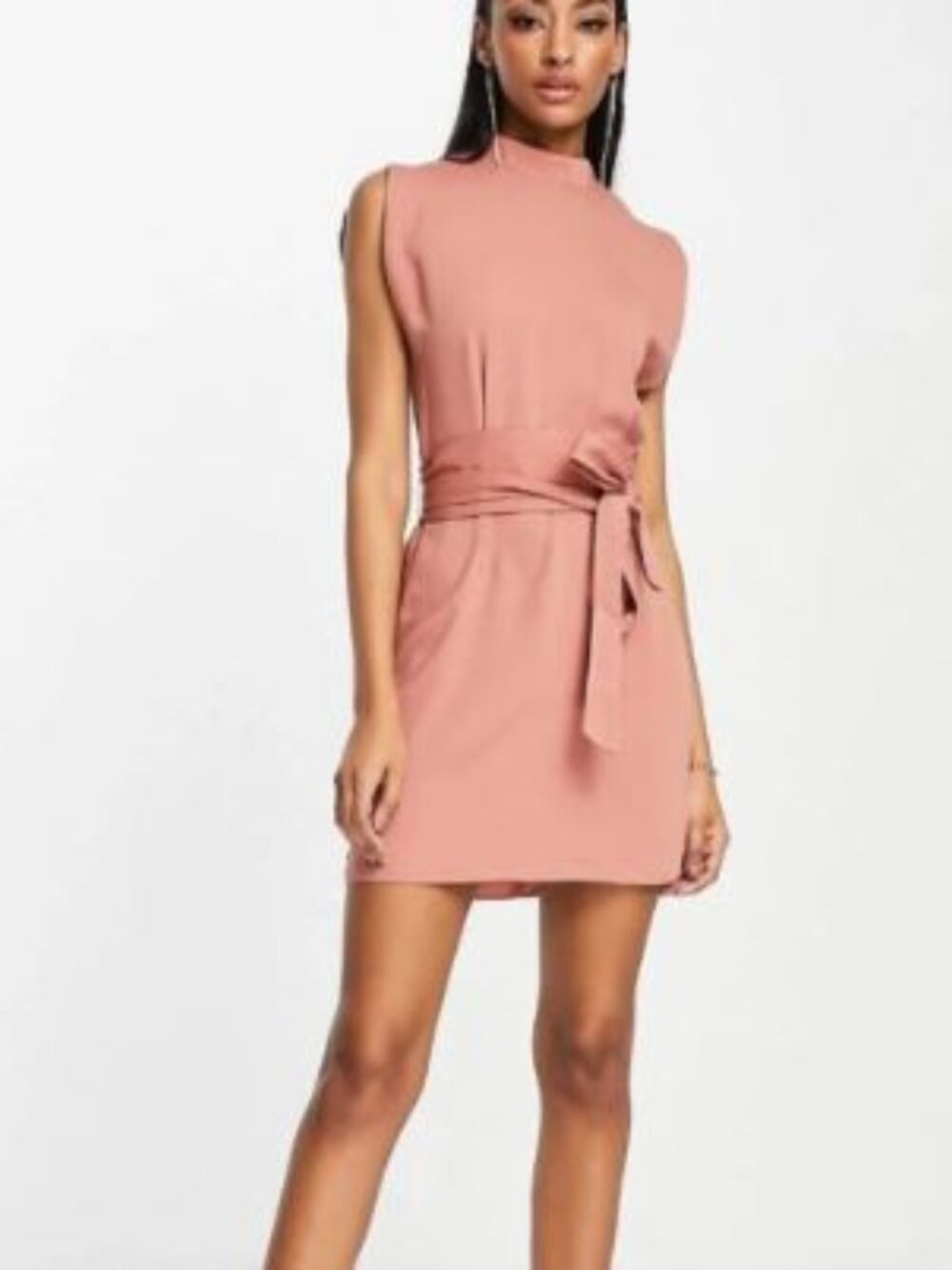 ASOS Blush Pink Split Sleeve Belted Mock Neck Mini Dress Women's Size 4